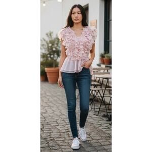 Anthropologie Amadi Petite Blush Pink 3D Ruffle Peplum Top NWT Small
